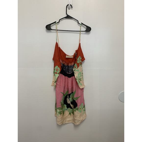 ADRIANA DEGREAS Pink Green Silk Cut Out Mini Dress Size Small - Picture 1 of 4